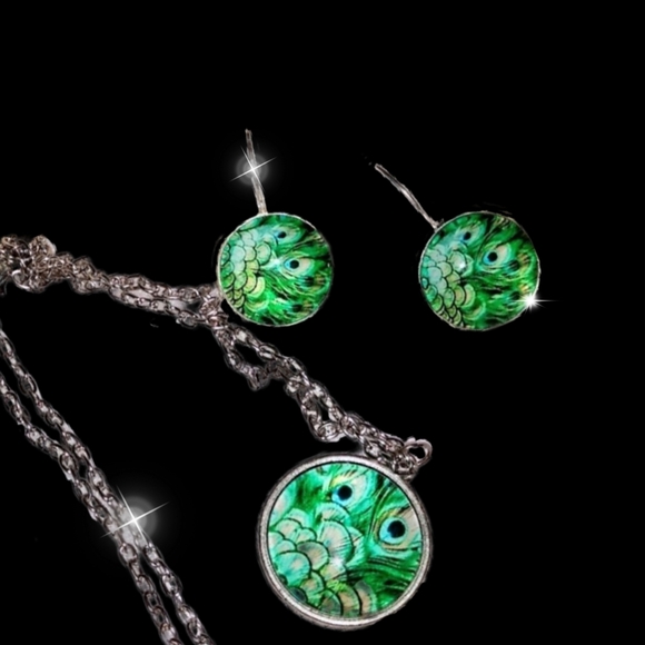 SET of 2: Peacock Earrings and Necklace - Picture 3 of 10